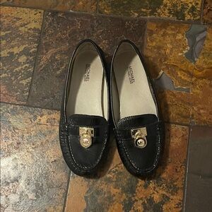 Michael Kors Black Leather Loafers with Gold Accent